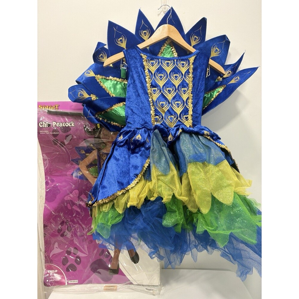 Peacock Costume Child Medium Spirit Halloween Costume Feather Dress Cute Sz 8